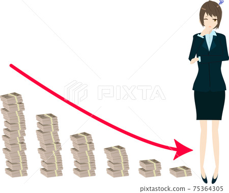 A downward-sloping graph made of wads and a business woman A downward-sloping graph made of wads and a business woman 75364305