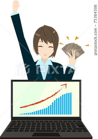 A graph of a business woman who got a lot of money and rising to the right 75364306