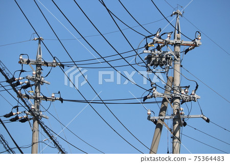 Telephone pole, electric wire and blue sky Telephone pole, electric wire and blue sky 75364483