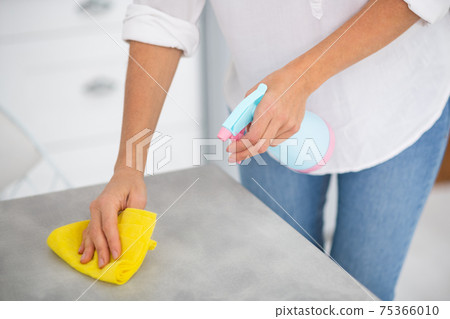 Close up picture of a woman disinfecting the surfaces 75366010