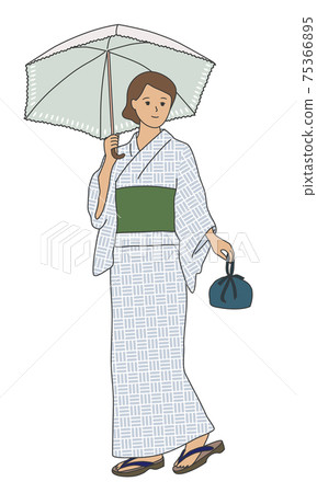 一個女人在淺藍色浴衣和一把太陽傘的插圖 一個女人在淺藍色浴衣和一把太陽傘的插圖 75366895