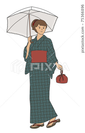 一個女人在綠色的浴衣,用一把太陽傘的插圖 一個女人在綠色的浴衣,用一把太陽傘的插圖 75366896