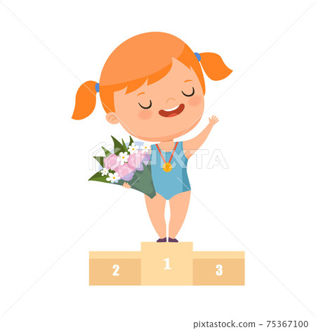 Smiling Redhead Girl Standing on Victory Stand with Hanging Gold Medal on Her Neck and Bunch of Flowers Vector Illustration Smiling Redhead Girl Standing on Victory Stand with Hanging Gold Medal on Her Neck and Bunch of Flowers Vector Illustration 75367100