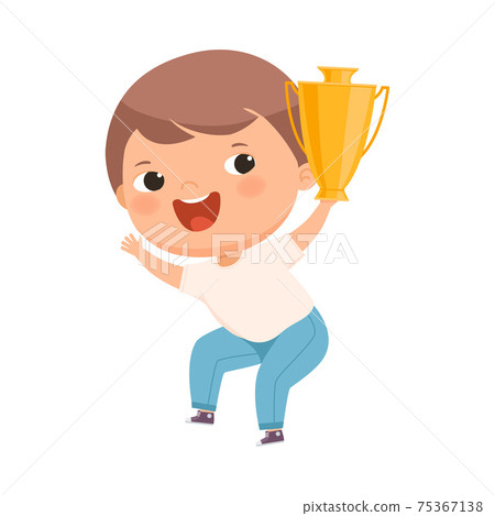 Happy Boy Winner with Gold Cup or Goblet Jumping with Joy Vector Illustration 75367138