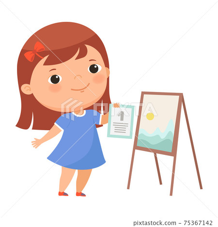Cute Girl Winner Standing Near Drawing Easel Holding Certificate of Achievement Vector Illustration 75367142