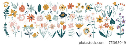 Flower collection with leaves, floral bouquets. Vector flowers. Spring art print with botanical elements. Happy Easter. Folk style. Posters for the spring holiday. icons isolated on white background. Flower collection with leaves, floral bouquets. Vector flowers. Spring art print with botanical elements. Happy Easter. Folk style. Posters for the spring holiday. icons isolated on white background. 75368049