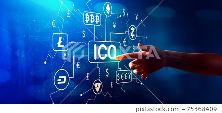 Cryptocurrency ICO theme with hand pressing a button 75368409