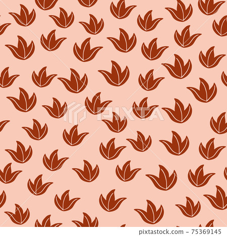 Random little foliage abstract silhouettes seamless doodle pattern. Orange leaves on pink background. Random little foliage abstract silhouettes seamless doodle pattern. Orange leaves on pink background. 75369145