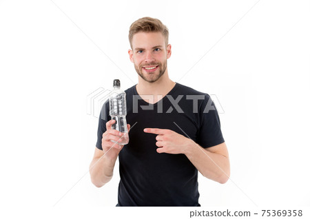 Macho point finger at water bottle isolated on white.  75369358
