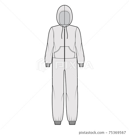 Onesie overall jumpsuit sleepwear technical fashion illustration with full length, hood, zipper closure, kangaroo pouch Onesie overall jumpsuit sleepwear technical fashion illustration with full length, hood, zipper closure, kangaroo pouch 75369567