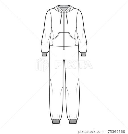Onesie overall jumpsuit sleepwear technical fashion illustration with full length, hood, zipper closure, kangaroo pouch Onesie overall jumpsuit sleepwear technical fashion illustration with full length, hood, zipper closure, kangaroo pouch 75369568