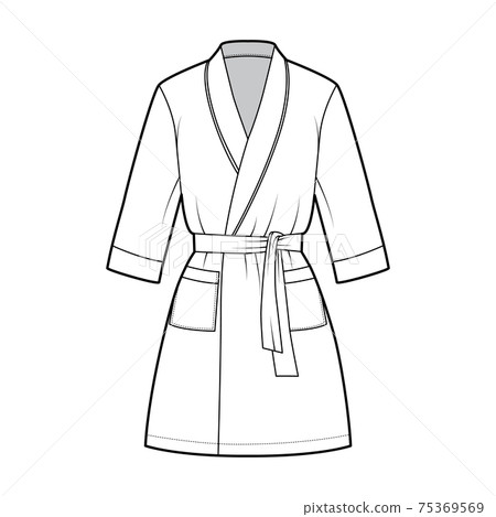 Bathrobe Dressing gown technical fashion illustration with wrap opening, mini length, oversized, pocket, elbow sleeves Bathrobe Dressing gown technical fashion illustration with wrap opening, mini length, oversized, pocket, elbow sleeves 75369569