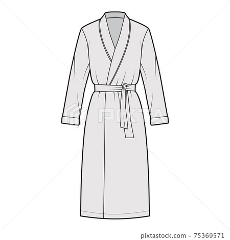 Bathrobe Dressing gown technical fashion illustration with wrap opening, knee length, oversized, tie, long sleeves 75369571