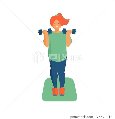 Smart red hair woman doing exercises with dumbbells Workout at home Cartoon illustration Smart red hair woman doing exercises with dumbbells Workout at home Cartoon illustration 75370018