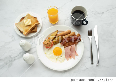 American and Thai breakfast set on the marble background American and Thai breakfast set on the marble background 75371578