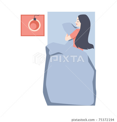 Top view on bed with woman under blanket, flat vector illustration isolated. Top view on bed with woman under blanket, flat vector illustration isolated. 75372194