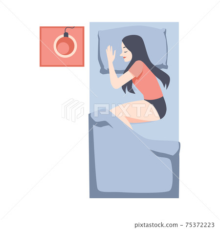Top view of woman sleeps on her side flat vector illustration isolated. Top view of woman sleeps on her side flat vector illustration isolated. 75372223