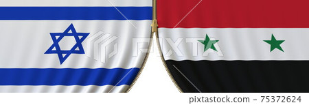 Flags of Israel and Syria and closing or opening zipper between them. Political negotiations or interaction conceptual 3D rendering 75372624