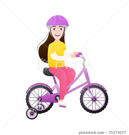 Cute little girl in helmet riding bike, happy kid, outdoor summer sport activity, childhood vector illustration Cute little girl in helmet riding bike, happy kid, outdoor summer sport activity, childhood vector illustration 75373077