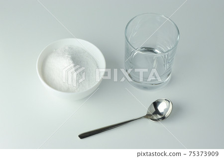 Baking soda, spoon and glass. Baking soda, spoon and glass. 75373909