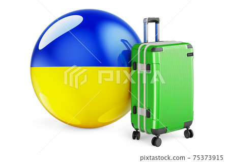 Suitcase with Ukrainian flag. Ukraine travel concept, 3D rendering 75373915