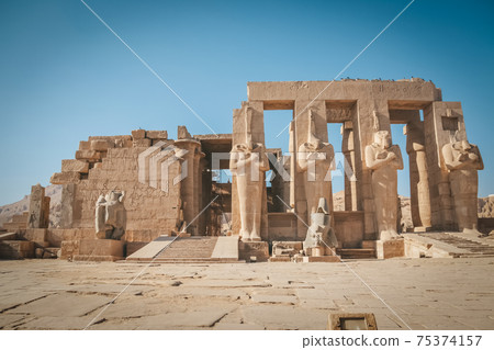 Ruins of the Egyptian temple of Ramesseum, the funeral temple of Pharaoh Ramses II XIII century BC , near the modern city of Luxor 75374157