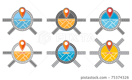 Gps geolocation. Road map pin icon set. Place marker. Online transportation navigation. Logistic delivery service. Search location pointer. Destination pinpoint flat vector sign Gps geolocation. Road map pin icon set. Place marker. Online transportation navigation. Logistic delivery service. Search location pointer. Destination pinpoint flat vector sign 75374326