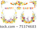 Happy Easter and Spring compositions with bunny, painted eggs and spring flowers 75374683