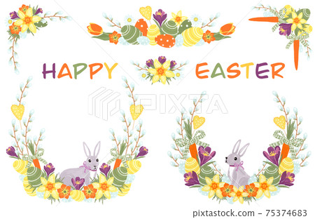 Happy Easter and Spring compositions with bunny, painted eggs and spring flowers 75374683