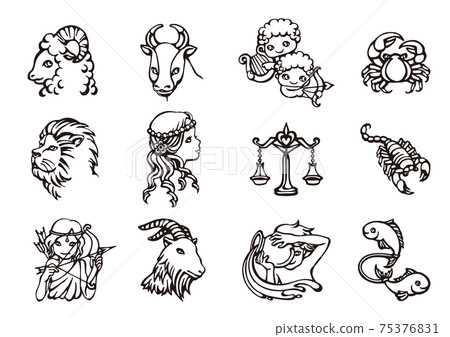 Horoscope fortune-telling, monochrome illustration of 12 constellations 75376831