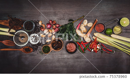High dietary fibre health food concept with fruit, vegetables high in antioxidants. Spices and herbs nuts, seeds. Tom Yum, Thai food. Free space for your text. 75378960