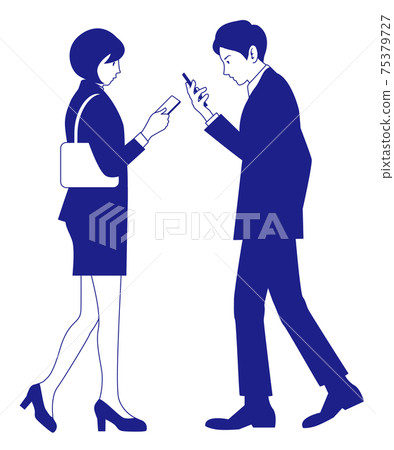 Walking smartphone male and female office worker illustration material Walking smartphone male and female office worker illustration material 75379727