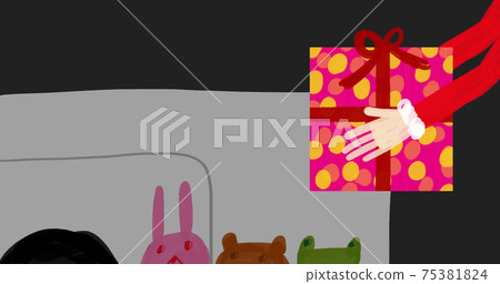 Illustration of Santa Claus gently placing Christmas gifts on the bedside 75381824