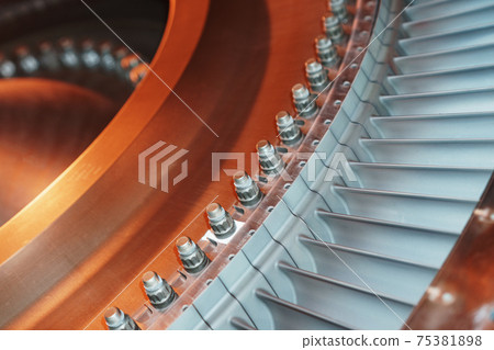 A rotor disc with blades of a turbojet gas turbine engine, inside view. A rotor disc with blades of a turbojet gas turbine engine, inside view. 75381898