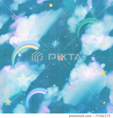 夢想的雲，星星和彩虹漂浮在藍藍的天空可愛無縫模式圖 75382175