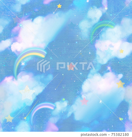 夢想的雲，星星和彩虹漂浮在藍藍的天空可愛無縫模式圖 75382180
