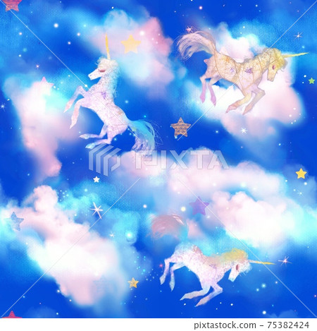 夢幻可愛的獨角獸在太空中圍繞雲海奔跑的夢想可愛無縫模式插圖 75382424