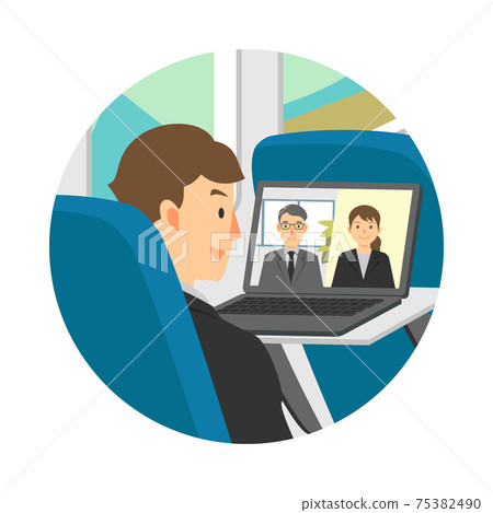 Illustration of a man having a remote online meeting on the move Illustration of a man having a remote online meeting on the move 75382490