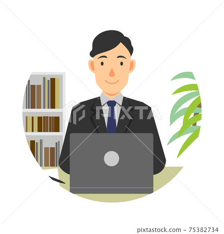 Illustration of a man working from home in a suit 75382734
