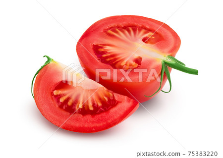 Tomato half and slice isolated on white background with clipping path and full depth of field. 75383220