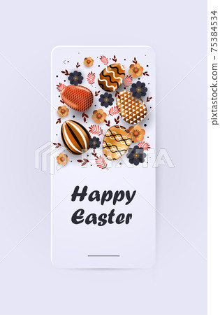 happy easter holiday celebration sale banner flyer or greeting card with decorative eggs vertical 75384534