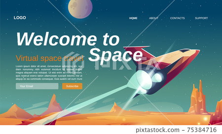 Welcome to space cartoon landing with spaceship 75384716