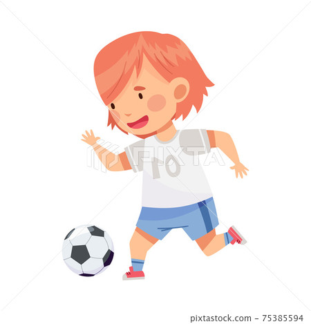 Cheerful Girl in Sports Shirt and Shorts Playing Football Passing Ball with Her Foot Vector Illustration Cheerful Girl in Sports Shirt and Shorts Playing Football Passing Ball with Her Foot Vector Illustration 75385594