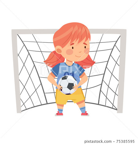 Cute Girl in Sports Shirt and Shorts Playing Football Standing Between Goalposts Holding Ball Vector Illustration 75385595