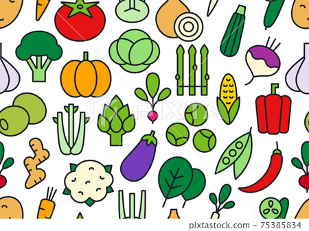 Vector seamless pattern, endless texture with vegetables. Set of isolated linear color icons. Contour, shape, outline. Healthy food and vitamins Vector seamless pattern, endless texture with vegetables. Set of isolated linear color icons. Contour, shape, outline. Healthy food and vitamins 75385834