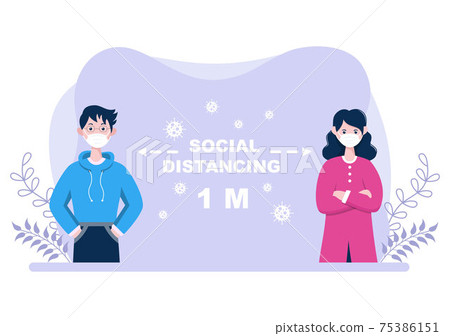 People Who Wear Masks and Maintain a Minimum Social Distancing of 1 Meter to Prevent Coronavirus Disease, Vector Illustration 75386151