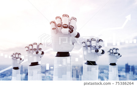Robot humanoid hands up to celebrate money investment success achieved 75386264