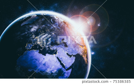 Planet earth globe view from space showing realistic earth surface and world map Planet earth globe view from space showing realistic earth surface and world map 75386385