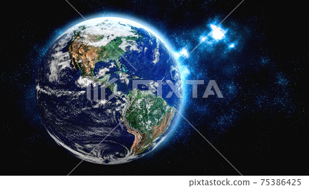 Planet earth globe view from space showing realistic earth surface and world map 75386425