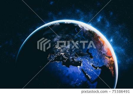 Planet earth globe view from space showing realistic earth surface and world map Planet earth globe view from space showing realistic earth surface and world map 75386491